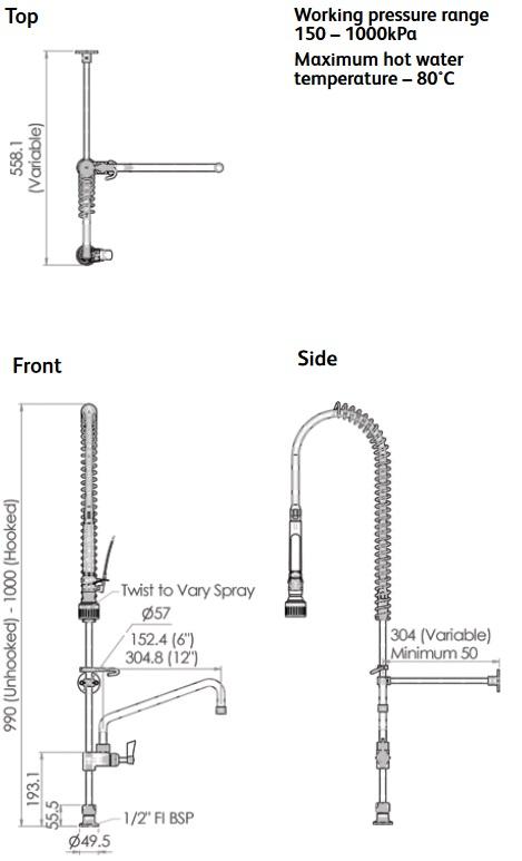 3Monkeez Bench Mount No Stop Pre Rinse Unit With 12" Pot Filler Stainless Steel T-3M53212