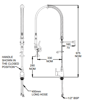 GE Ezy-Wash Type-150 Hob Mounted Flex Tail Single Lever Mixer Pre-Rinse Unit Stainless Steel TF150HMS