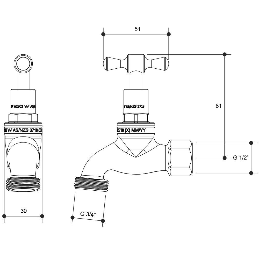 Brass T-Head Hose Tap 15mm x FI BSP