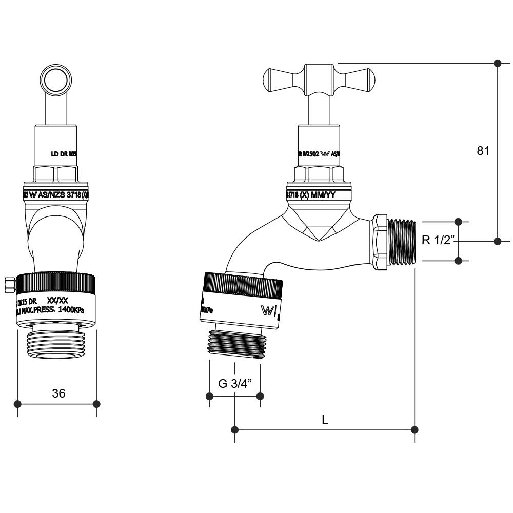 Brass T-Head Hose Tap With Vacuum Breaker 15mm x MI BSP