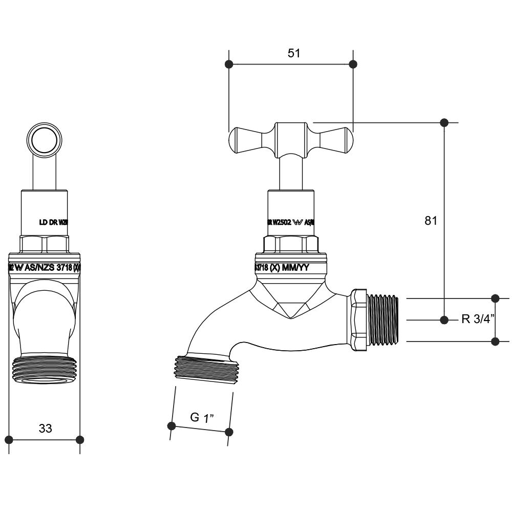 Brass T-Head Hose Tap 20mm x MI BSP