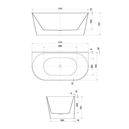 Harmony Back To Wall Freestanding Bath White No Overflow 1500 x 750 x 580 BT9161