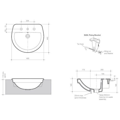 Caroma Cosmo Semi Recessed Basin Three Taphole With Overflow White 864035W