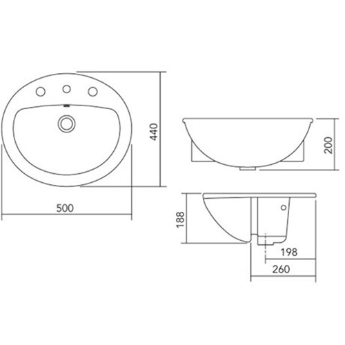 Stylus Venecia Semi Recessed Basin Three Taphole With Overflow White W40103