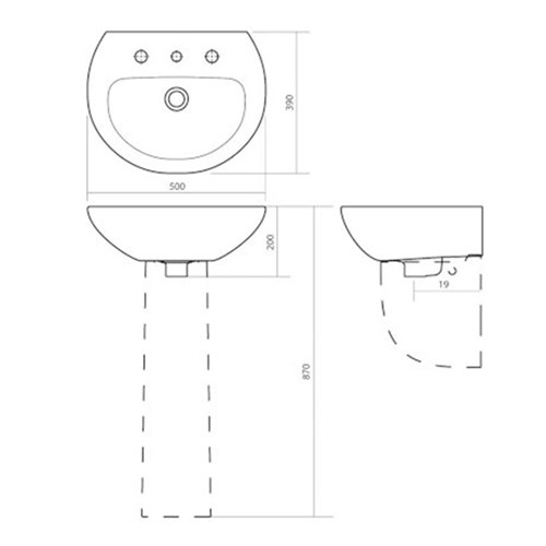 Stylus Venecia Wall Basin One Taphole 500mm With Overflow White W40301CW