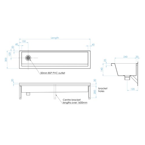 Stainless Steel Ablution Trough 2400mm With Wall Brackets