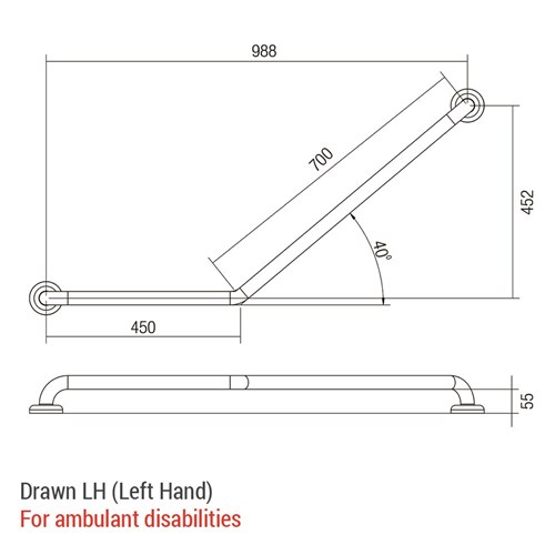 Stainless Steel Healthcare Grab Rail 40 Degree (LH or RH) Satin CF457