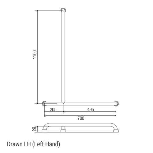 SS Healthcare Inverted (LH or RH) T Grab Rail 700mm x 1100mm Satin HS 071